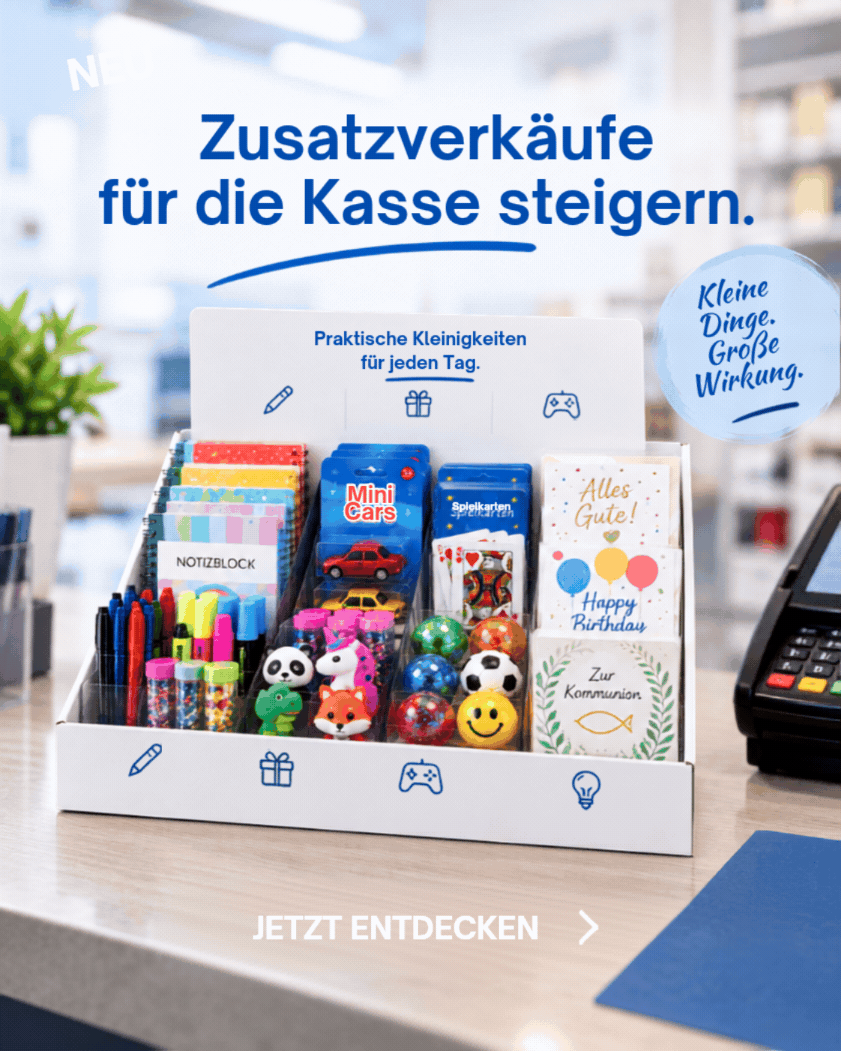 Banner: Mehr verkaufen an der Kasse durch Zusatzverkäufe mit Displays