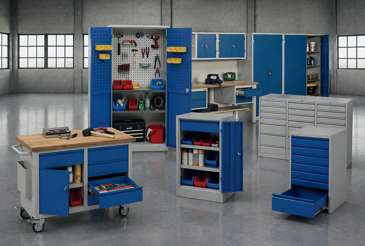Diverses Werkstatteinrichtungen aus Stahl mit blauen Farbakzenten