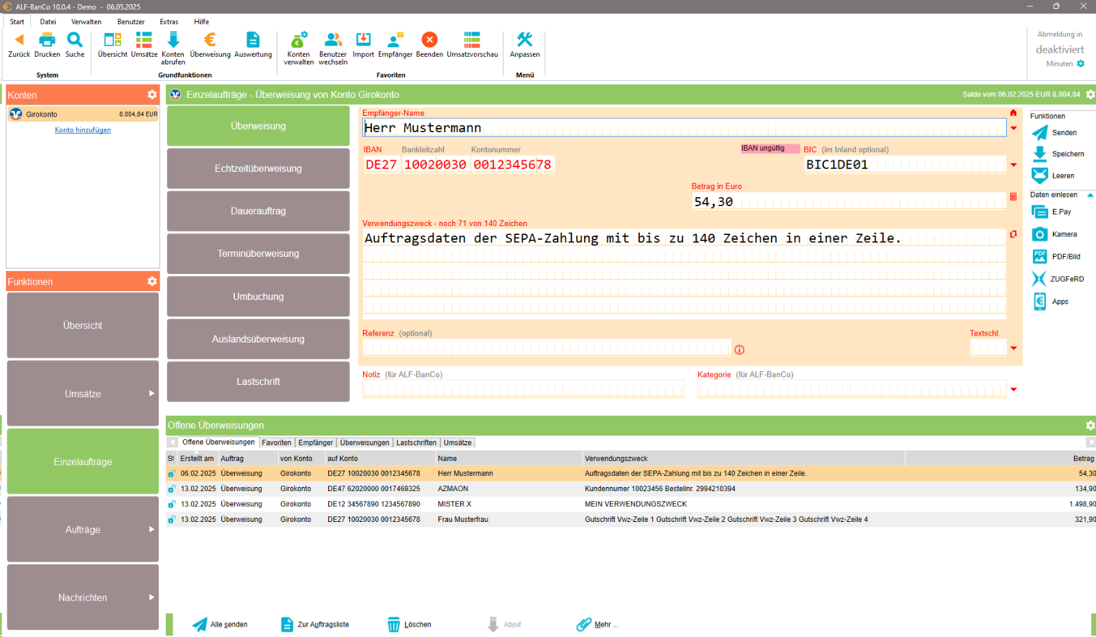 ALF BanCo Banking Software Oberfläche
