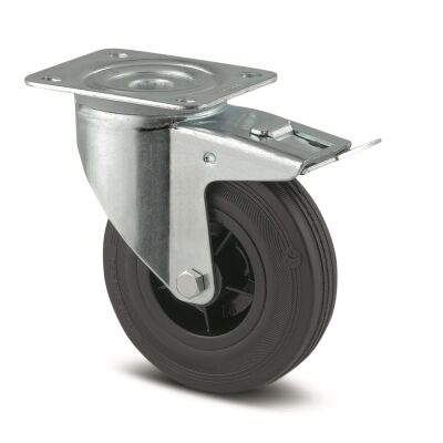Vollgummirollen (Durchmesser 125 mm, Plattenbefestigung, mit Bremse, Tragfähigkeit 100 kg)