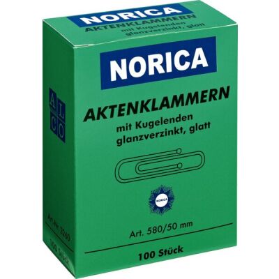 Aktenklammer Norica, 50mm, glatt, mit Kugelenden, verzinkt, VE = 1 Schachtel = 100 Stück