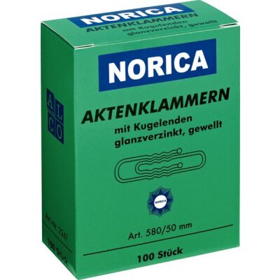 Aktenklammer Norica, 50mm, gewellt, mit Kugelenden, verzinkt, VE = 1 Schachtel = 100 Stück