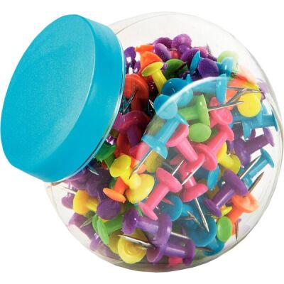 Pinnwandnadeln, neon farbig sortiert, farbigem Deckel, VE = 1 Schraubverschlussdose = 150 Stück