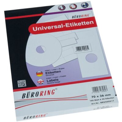 Büroring Etiketten, 70 x 36 mm, 2400 Etiketten, weiß, für Laser-, Farblaser-, Inkjetdrucker, Kopierer, lösungsmittelfrei, Packung à 100 Blatt, Blattformat: DIN A4