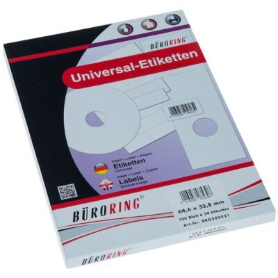 Büroring Etiketten, 64,6x33,8mm, 2400 Etiketten, weiß, für Laser-, Farblaser-, Inkjetdrucker, Kopierer, lösungsmittelfrei, Packung à 100 Blatt, Blattformat: DIN A4