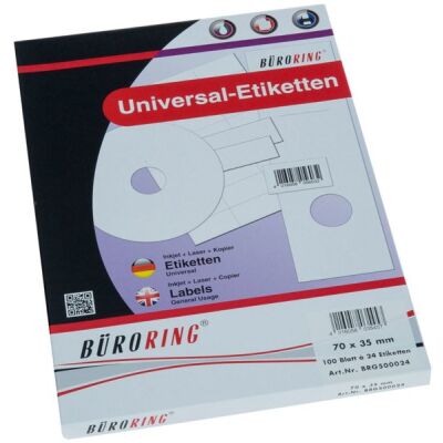 Büroring Etiketten, 70 x 35 mm, 2400 Etiketten, weiß, für Laser-, Farblaser-, Inkjetdrucker, Kopierer, lösungsmittelfrei, Packung à 100 Blatt, Blattformat: DIN A4