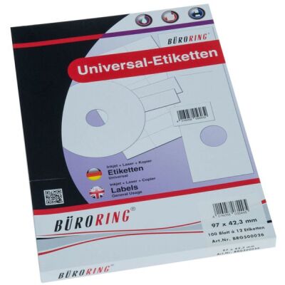 Büroring Etiketten, 97x42,3mm, 1200 Etiketten, weiß, für Laser-, Farblaser-, Inkjetdrucker, Kopierer, lösungsmittelfrei, Packung à 100 Blatt, Blattformat: DIN A4