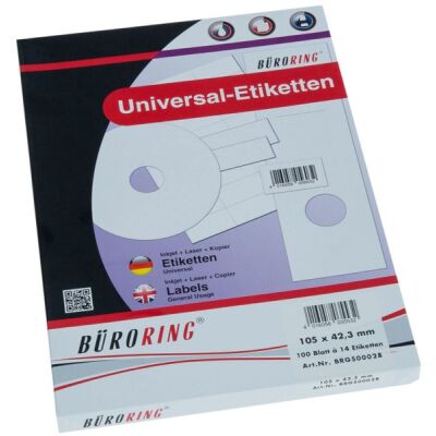 Büroring Etiketten, 105 x 42,3 mm, 1400 Etiketten, weiß, für Laser-, Farblaser-, Inkjetdrucker, Kopierer, lösungsmittelfrei, Packung à 100 Blatt, Blattformat: DIN A4