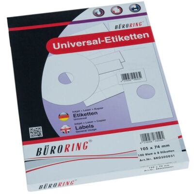 Büroring Etiketten, 105 x 74 mm, 800 Etiketten, weiß, für Laser-, Farblaser-, Inkjetdrucker, Kopierer, lösungsmittelfrei, Packung à 100 Blatt, Blattformat: DIN A4