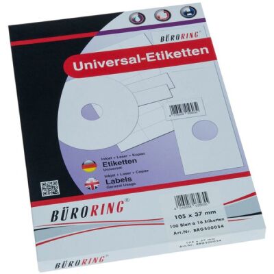 Büroring Etiketten, 105 x 37 mm, 1600 Etiketten, weiß, für Laser-, Farblaser-, Inkjetdrucker, Kopierer, lösungsmittelfrei, Packung à 100 Blatt, Blattformat: DIN A4