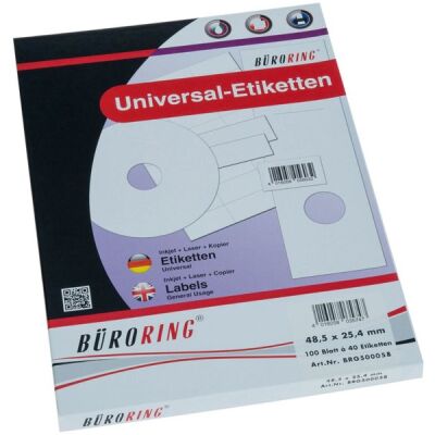 Büroring Etiketten, 48,5 x 25,4 mm, 4000 Etiketten, weiß, für Laser-, Farblaser-, Inkjetdrucker, Kopierer, lösungsmittelfrei, Packung à 100 Blatt, Blattformat: DIN A4