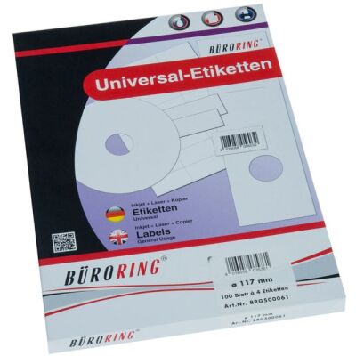 Büroring Etiketten, 117mm, rund, für CD, 200 Etiketten, weiß, für Laser-, Farblaser-, Inkjetdrucker, Kopierer, lösungsmittelfrei, Packung à 100 Blatt, Blattformat: DIN A4