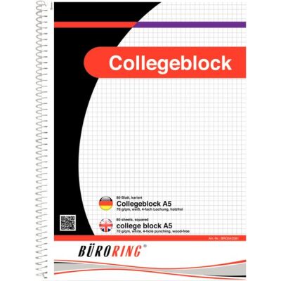 Büroring Collegeblock, A5/80 Blatt, kariert, holzfrei, weiß, 70g/qm, Lineatur: 22, Mikroperforation, 4fach-Lochung