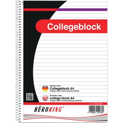 Büroring Collegeblock A4/80 Blatt, liniert, holzfrei, weiß, 70g/qm, Lineatur: 21, Mikroperforation, 4fach-Lochung