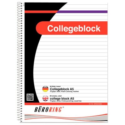 Büroring Collegeblock A5/80 Blatt, liniert, holzfrei, weiß, 70g/qm, Lineatur: 21, Mikroperforation, 4 fach-Lochung