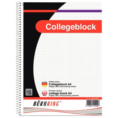 Büroring Collegeblock A4/80 Blatt kariert, holzfrei, weiß, 70g/qm, Lineatur: 22, Mikroperforation, 4fach-Lochung