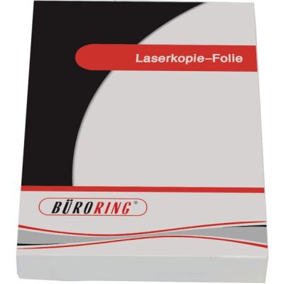 Büroring Kopier-und Laserdruckfolie  A4, 100 my, hitzebeständig, angeleimtes Papier an der langen Seite, die Folie ist einseitig antistatisch und für Monochrom- und Farbtoner vorbehandelt, 1 Packung = 100 Blatt