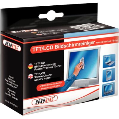 Büroring Bildschirm Reinigungstücher, 10 Packungen mit je 1Nass-/1Trockentuch für TFT,-LCD,-Flach und Plasma Bildschirme, Vlies 100 x 140 mm