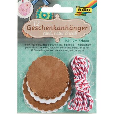 Geschenkanhänger NATUR&WEISS, rund, in zwei Größen, inkl. 2m Schnur
