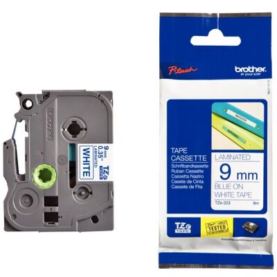 Schriftbandkassette TZE223, laminiert, 9mm breit/8m lang, blau auf weiß.