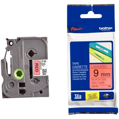 Schriftbandkassette TZE421, laminiert, 9mm breit/8m lang, schwarz auf rot.