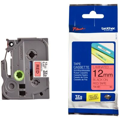 Schriftbandkassette TZE431, laminiert, 12 mm breit/ 8 m lang, schwarz auf rot.