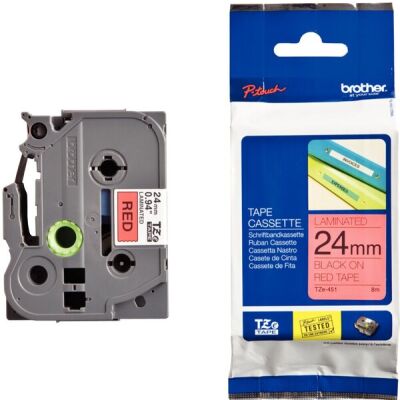 Schriftbandkassette TZE451, laminiert, 24mm breit/8m lang, schwarz auf rot.
