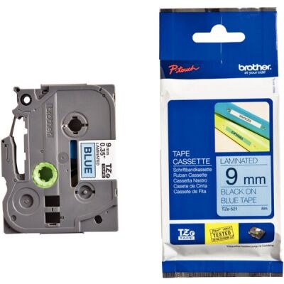 Schriftbandkassette TZE521, laminiert, 9mm breit/8m lang, schwarz auf blau.