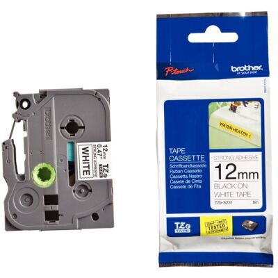 Schriftbandkassette TZES231, laminiert, extra stark klebend, 12mm breit/8m lang, schwarz auf weiß.