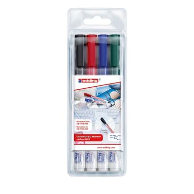 CD-Marker 4er Etui - sortiert, 0,5 - 1mm,Farben schwarz, rot, blau, grün