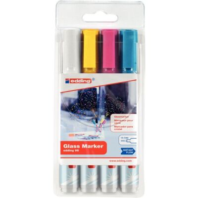 Glasboardmarker 95, 4er Set, 1,5 - 3 mm, Rundspitze, trocken abwischbar, Farben: weiß, gelb, pink, hellblau