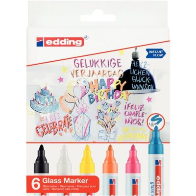 Glasboardmarker 95, 6er Set, 1,5 - 3 mm, Rundspitze, trocken abwischbar, Farben: weiß, gelb, pink, hellblau, schwarz, orange