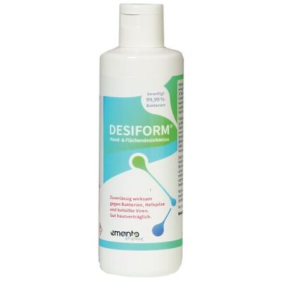Desiform Hand- und Flächendesinfektionsmittel 250 ml. Alkoholbasierte Händedesinfektion (83,3 % Ethanol), zum Einsatz gegen Bakterien, Pilze und Viren. Optimal für unterwegs. 1 Flasche á 250 ml
