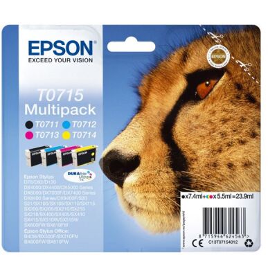 Multipack 4 Farben T0715, für Stylus D78, 92, 120, 120 Network Edition, DX4000, 4050, 4400, 4450, 5000, 5050, 6000, 6050, 7000F, 7400, 7450, 8400, 8450, 9400F, 9400F Wifi-Edition, S20, SX100, 200, 205, 400, 405, SX400, 405WiFi, 600FW, Stylus Office B40W,