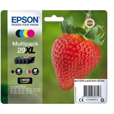 Tintenpatrone Multipack T2996 (29XL), für Expression Home XP-235 / XP-332 / XP-335 / XP-432 / XP-435, je 1 x schwarz, cyan, magenta, gelb, Inhalt: 1 x 11,3 ml, 3 x 6,4 ml, 1 x 470 Seiten, 3 x 450 Seiten