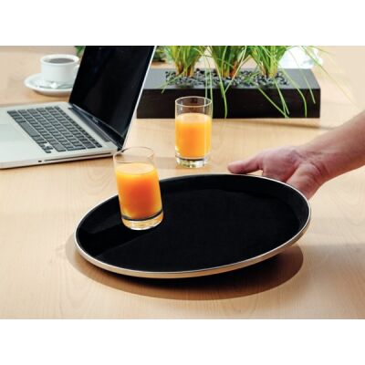 Antirutsch-Tablett TENNESSEE, rund, Boden aus Fiberglas, Oberfläche aus Gummi, mit Edelstahlapplikation.