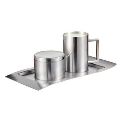 Milch- und Zucker-Set WAVE, Edelstahl, 18/10, 5er Set: Milchgießer, Zuckerdose mit Deckel, Zuckerlöffel, Tablett, matt gebürstet