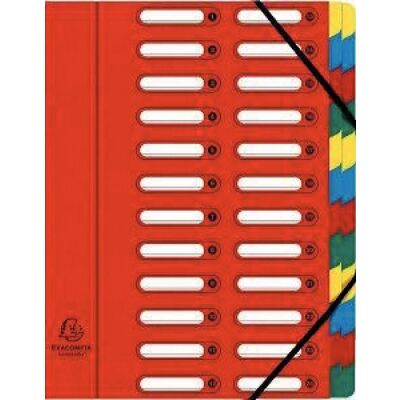 Exacompta Eckspann-Ordnungsmappe, 24 Fächer, rot, Harmonikarücken, ausgestanzten Fenstern zum Beschriften, 425 g/qm Manilakarton (außen), 225 g/qm Karton Fächerblock, Fassungsvermögen: 840 Blatt (80g/qm), Eckspannverschluss