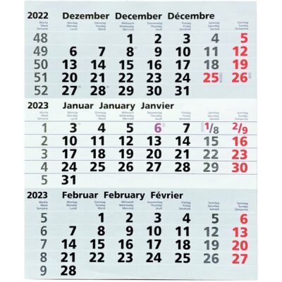 3-Monats-Ersatzkalendarium für Edelstahlkalender, 3 Monate / Blatt, Wochenzählung,  am Kopf geleimt