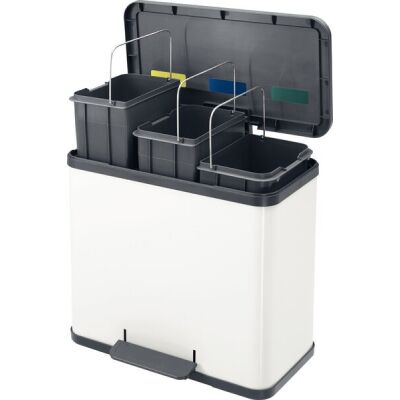 Tret-Mülltrenner Öko trio plus L, weiß, 3 herausnehmbare Inneneimer, 3 x 9 Liter, Kunststoff, grün, braun, gelb, Gedämpfter Deckel-Schließ-Mechanismus (Soft Close), breites Fußpedal
