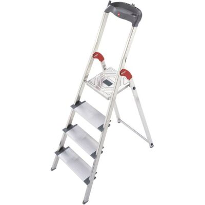 Alu-Sicherheits-Stehleiter L80, ComfortLine, 4 Stufen, Extra breite Stufen (130 mm), mit Multifunktions-Schale und Gelenkschutz