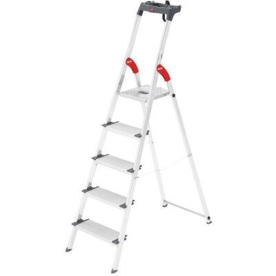 Alu-Sicherheits-Stehleiter L80, ComfortLine, 5 Stufen, Extra breite Stufen (130 mm), mit Multifunktions-Schale und Gelenkschutz