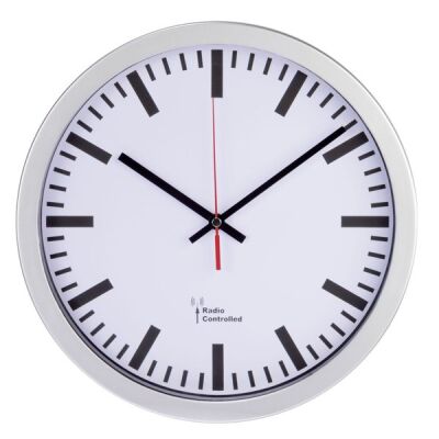 DCF-Funkwanduhr, Bahnhof, silber, Durchmesser: 30 cm
