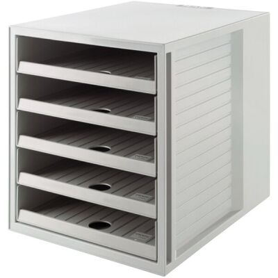 Schubladenbox SCHRANK-SET KARMA, A4, 5 Schubladen offen, recycelte Materialien, "Der Blaue Engel", grau