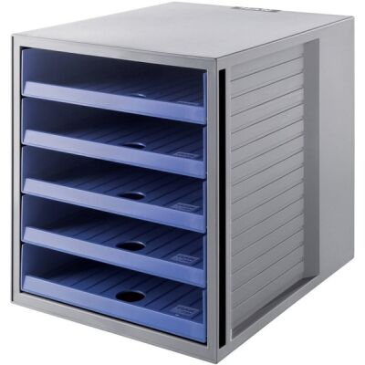Schubladenbox SCHRANK-SET KARMA, A4, 5 Schubladen offen, recycelte Materialien, "Der Blaue Engel", grau-blau
