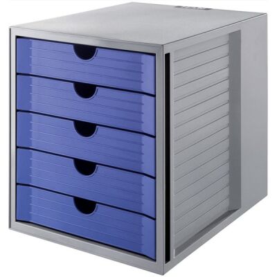 Schubladenbox SCHRANK-SET KARMA, A4, 5 Schubladen geschlossen, recycelte Materialien, "Der Blaue Engel", grau-blau