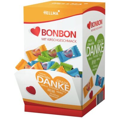 Herz-Bonbon mit Danke-Aufdruck in verschiedenen Sprachen