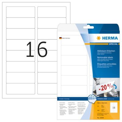 Ablösbare Etiketten 88,9 x 33,8 mm, 400 Etiketten, weiß, matt, haftend, Packung à 25 Blatt
