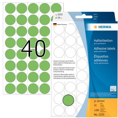 Markierungspunkte Ø 19 mm, grün, 1.280 Etiketten, permanent haftend, für Handbeschriftung, Packung à 32 Blatt, Trägermaterial perforiert