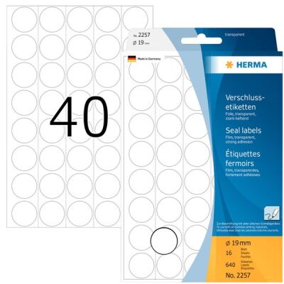 Verschlussetiketten Ø 19 mm, 640 Etiketten, transparente Folie, extrem stark haftend, 40 Stück/Blatt, Packung à 16 Blatt